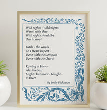 Load image into Gallery viewer, Emily Dickinson Poem Print – “Wild Nights” Romantic Poetry Wall Art, Aubrey Beardsley Print, Framed or Unframed Literary Gift