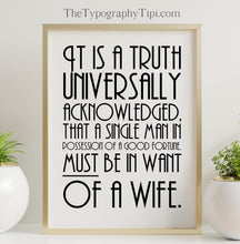 Load image into Gallery viewer, Jane Austen Quote Print – Pride and Prejudice Literary Wall Art "It is a truth universally acknowledged..."