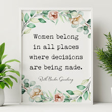 Load image into Gallery viewer, Ruth Bader Ginsburg Quote Women belong in all places decisions are being made - UNFRAMED Print