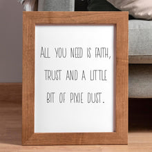 Load image into Gallery viewer, Peter Pan Quote Print – Faith, Trust and Pixie Dust – Black and White Minimalist Nursery or Magical Wall Art Framed & Unframed Options