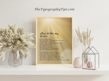 Load image into Gallery viewer, Look to This Day Kalidasa Poem Print – Inspirational Gold Sunrise Wall Art | Mindful Living Gift - Framed & Unframed Options