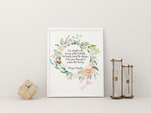 Load image into Gallery viewer, May include: A white framed print with a watercolor floral wreath and a quote by Maya Angelou that reads: 'We delight in the beauty of the butterfly, but rarely admit the changes it has gone through to achieve that beauty.'