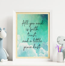 Load image into Gallery viewer, May include: A white framed print with a blue and green watercolor background. The print features the text 'All you need is faith, trust, and a little pixie dust.'