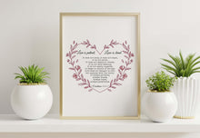 Load image into Gallery viewer, 1 Corinthians 13:4-7 Wall Art – Love Is Patient, Love Is Kind | Christian Scripture Print | Heart-Shaped Bible Verse | Framed or Unframed