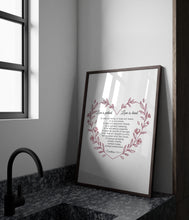 Load image into Gallery viewer, 1 Corinthians 13:4-7 Wall Art – Love Is Patient, Love Is Kind | Christian Scripture Print | Heart-Shaped Bible Verse | Framed or Unframed