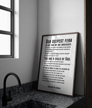 Load image into Gallery viewer, Our Deepest Fear Marianne Williamson Feminist Art Wall Art self respect quote for Bedroom decor or office decor UNFRAMED