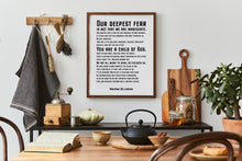 Load image into Gallery viewer, Our Deepest Fear Marianne Williamson Feminist Art Wall Art self respect quote for Bedroom decor or office decor UNFRAMED