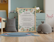 Load image into Gallery viewer, May include: A framed print with a watercolor floral design and a poem about children. The poem reads 'On Children' and is attributed to Kahlil Gibran. The poem is printed in black text on a white background. The frame is a simple wooden frame with a white mat.