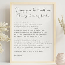 Load image into Gallery viewer, E.E. Cummings Poem I carry your heart (I carry it in my heart) Art Print Home Decor poetry wall art vintage paper dorm decor UNFRAMED