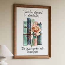 Load image into Gallery viewer, A Reader Lives a Thousand Lives Before She Dies Quote About Reading - Framed & Unframed Options - Reading Nook Decor