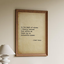 Load image into Gallery viewer, Albert Camus Quote In the depth of winter, I finally learned that within me there lay an invincible summer book Framed & Unframed Options