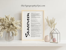 Load image into Gallery viewer, Sunscreen Song Lyrics Poster Print - Physical Print Without Frame