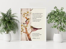 Load image into Gallery viewer, Matthew 6:26-27 Print NIV Bible verse "Look at the birds" - Scripture Wall Art - Bible print for Home Framed & Unframed Options