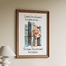 Load image into Gallery viewer, Book Lover Gift "A reader lives a thousand lives before she dies..." Bookshelf Decor