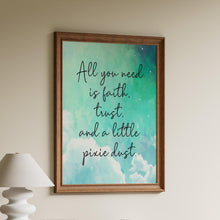 Load image into Gallery viewer, Faith Trust and Pixie Dust Print - Peter Pan Quote Art, Fantasy Wall Decor, Watercolor Sky Poster, Whimsical Nursery or Playroom Print