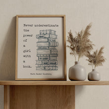 Load image into Gallery viewer, Ruth Bader Ginsburg Quote Feminist Wall Art Print “Never underestimate the power of a girl with a book.”