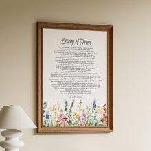 Load image into Gallery viewer, Litany of Trust Catholic prayer above a meadow of rose, yellow and blue watercolor wildflowers on a white background in a wooden frame