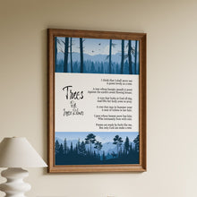 Load image into Gallery viewer, Joyce Kilmer Trees poem print with blue forest landscape and classic nature poetry text