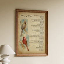 Load image into Gallery viewer, Framed "Litany of Trust" prayer print with hand-painted red cardinals on a vintage paper style background