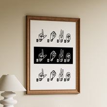 Load image into Gallery viewer, The word love spelled in American Sign Language with illustrated hands in three rows, the middle row white on black, on a white background