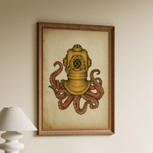 Load image into Gallery viewer, Illustration of an octopus wearing a brass deep-sea diving helmet on a vintage paper style background in a wooden frame