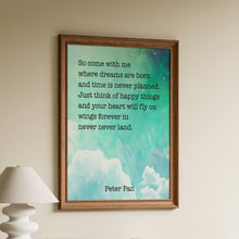 Load image into Gallery viewer, Peter Pan quote print with “Where dreams are born” over a turquoise cloud and star background