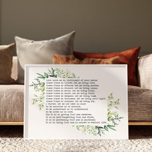 Load image into Gallery viewer, Framed Prayer of St. Francis print "Lord, make me an instrument of your peace" with green botanical leaf border