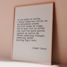 Load and play video in Gallery viewer, Invincible Summer Albert Camus Quote Print – “In the Midst of Winter” Inspirational Wall Art, Literary Poster, Vintage Style