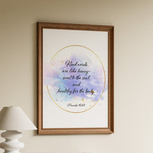 Load image into Gallery viewer, Proverbs 16:24 "kind words are like honey" scripture print in a gold circle over lilac and blue watercolour