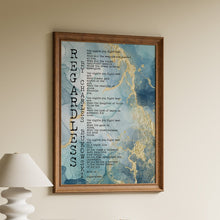 Load image into Gallery viewer, Regardless poem by Charles Bukowski in black typewriter lettering on a blue and gold marble background in a wooden frame