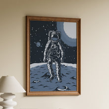 Load image into Gallery viewer, Retro astronaut standing on a blue grey cratered moon with a ringed planet and pale glowing sun in a starry sky, in a wooden frame