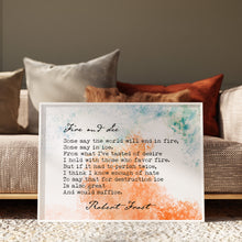 Load image into Gallery viewer, Framed "Fire and Ice" poem print by Robert Frost over an orange and blue watercolour background