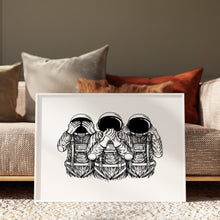 Load image into Gallery viewer, Black and white illustrated print of three astronauts covering their eyes, ears and mouth