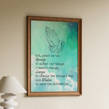 Load image into Gallery viewer, Framed Serenity Prayer print with praying hands line drawing over a teal watercolour sky background