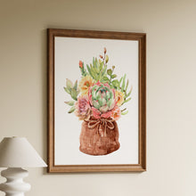 Load image into Gallery viewer, Watercolour succulent bouquet with pink echeveria, greenery and yellow and peach flowers in a rustic burlap sack tied with rope