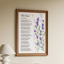 Load image into Gallery viewer, Framed "The Dash" poem print by Linda Ellis beside hand-painted purple lavender stems