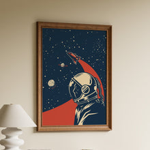 Load image into Gallery viewer, Retro illustration of an astronaut in a helmet looking up at a space shuttle, ringed planet and moon in a starry navy sky with a red arc