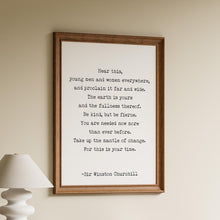Load image into Gallery viewer, Winston Churchill quote print featuring “Be kind, but be fierce” in minimalist black typography