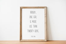 Load image into Gallery viewer, Peter Pan Quote - Wendy, one girl is more use than twenty boys - Unframed book Print for little girl's Bedroom Playroom Nursery art