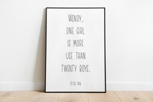 Load image into Gallery viewer, Peter Pan Quote - Wendy, one girl is more use than twenty boys - Unframed book Print for little girl's Bedroom Playroom Nursery art