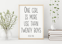 Load image into Gallery viewer, Peter Pan Quote - One girl is more use than twenty boys - Unframed book Print for baby girl nursery wall art