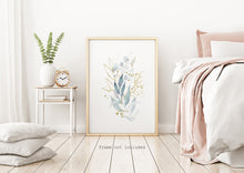 Load image into Gallery viewer, Watercolor leaves print - blue and gold painting poster Bedroom decor - watercolor poster UNFRAMED