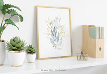 Load image into Gallery viewer, Watercolor leaves print - blue and gold painting poster Bedroom decor - watercolor poster UNFRAMED