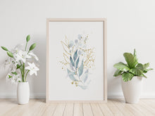 Load image into Gallery viewer, Watercolor leaves print - blue and gold painting poster Bedroom decor - watercolor poster UNFRAMED