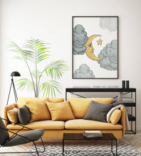 Load image into Gallery viewer, Moon & Clouds print - Bedroom wall decor - Celestial Wall Art UNFRAMED