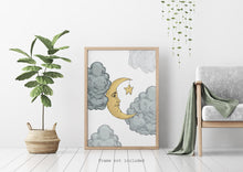 Load image into Gallery viewer, Moon & Clouds print - Bedroom wall decor - Celestial Wall Art UNFRAMED