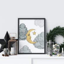 Load image into Gallery viewer, Moon & Clouds print - Bedroom wall decor - Celestial Wall Art UNFRAMED