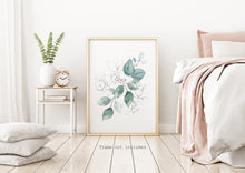 Load image into Gallery viewer, Watercolor leaves print - blue and silver painting poster Bedroom decor - watercolor poster UNFRAMED
