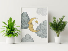 Load image into Gallery viewer, Moon & Clouds print - Bedroom wall decor - Celestial Wall Art UNFRAMED