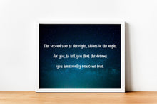 Load image into Gallery viewer, Peter Pan Quote, The second star to the right, shines in the night for you - Book Quote Print for nursery UNFRAMED
